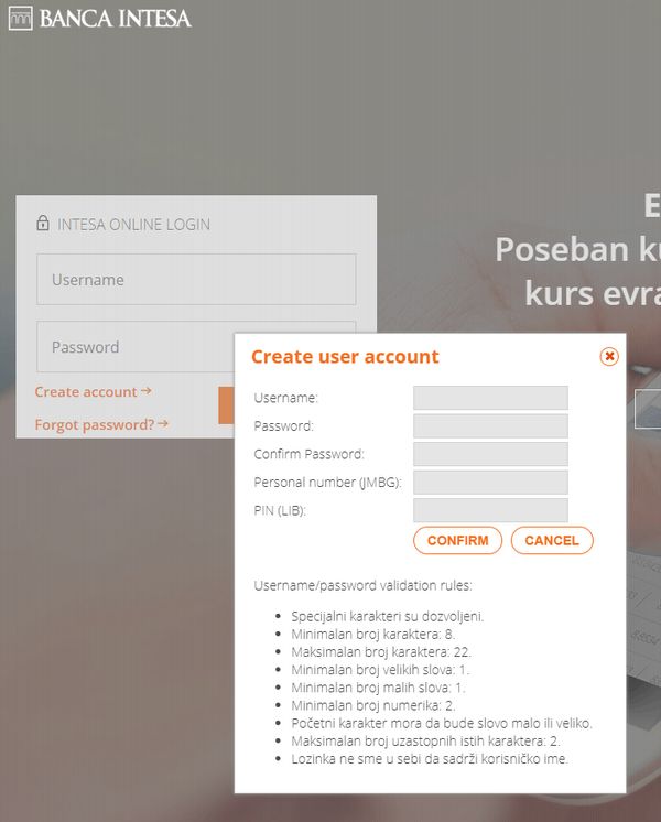 Banca Intesa Serbia dumb password rule screenshot